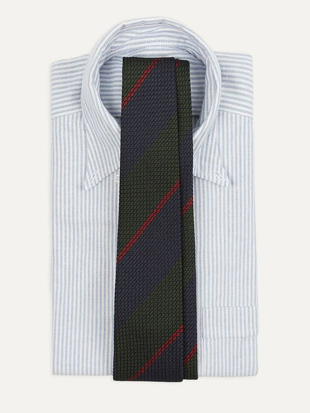 Drake's Olive and Red Block Stripe Hand Rolled Silk Grenadine Tie