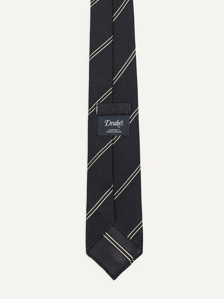 Drake's Navy and Silver Sandwich Stripe Hand Rolled Silk Grenadine Tie