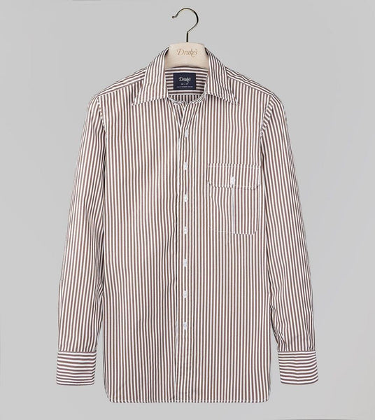 Drake's Brown And White Bengal Stripe Poplin Long Point Collar Shirt