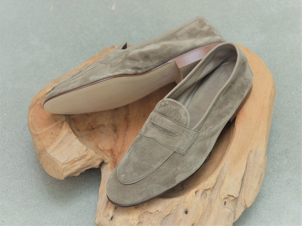 Edward Green Polperro Unlined Loafer in Sage Baby Calf Suede