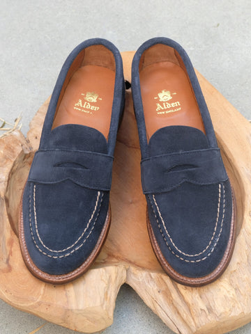 Alden Unlined Leisure Handsewn (LHS) Penny Loafer in Navy Suede