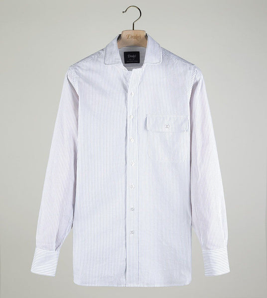 Drake's Light Blue Narrow Stripe Cotton Club Collar Shirt