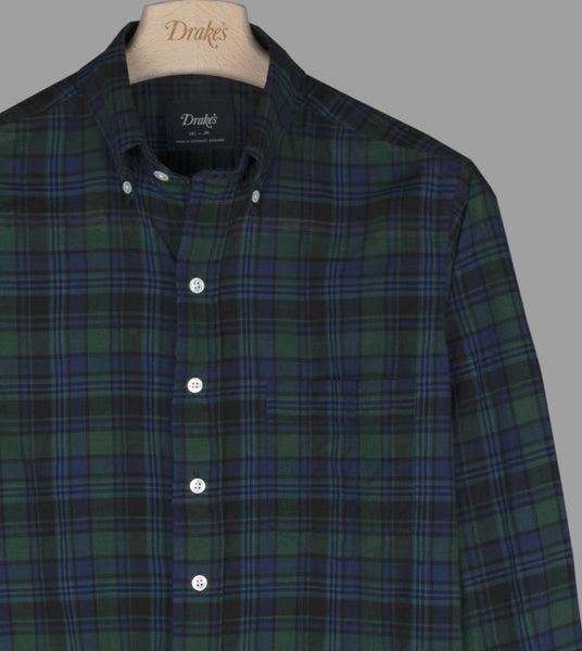 Drake's Navy and Green Check Cotton-Linen Button-Down Shirt