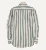 Drake's Green and White Broad Stripe Linen Spread Collar Shirt