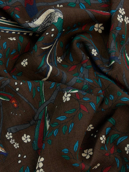 Drake's Brown Birds of Paradise Print Wool Scarf