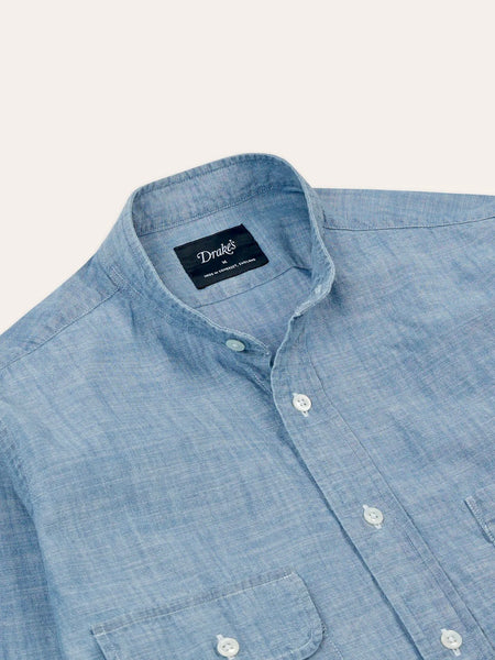 Drake's Chambray Cotton Mandarin Collar Shirt