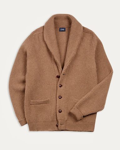 Drake's Camel Lambswool 6-Ply Shawl Collar Cardigan