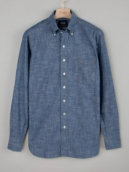 Drake's Blue Cotton Chambray Button-Down Shirt