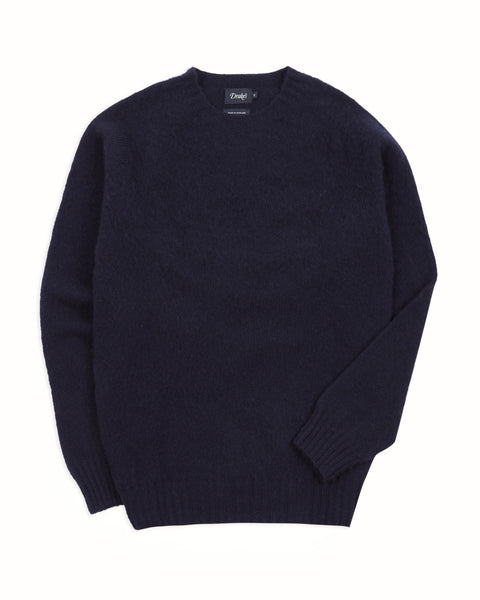Drake's Navy Brushed Shetland Crew Neck Jumper