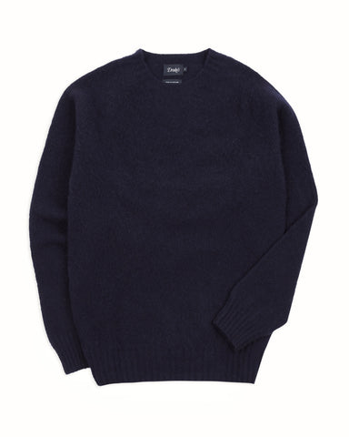 Drake's Navy Brushed Shetland Crew Neck Jumper