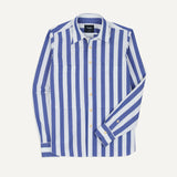 Drake's Blue and White Awning Stripe Cotton Long Point Collar Shirt