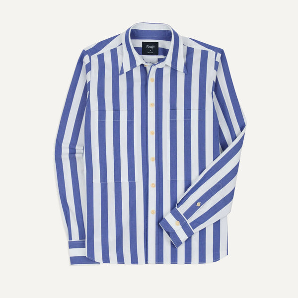 Drake's Blue and White Awning Stripe Cotton Long Point Collar Shirt