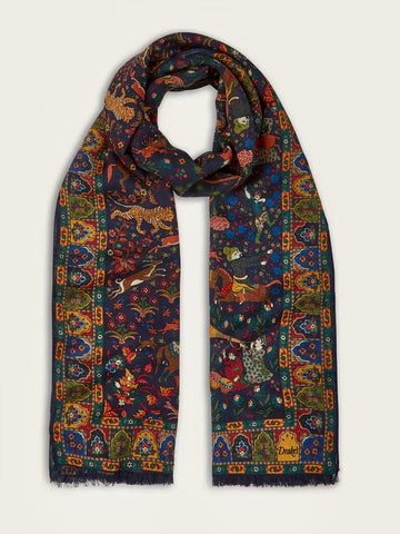 Drake's Navy Mughal Hunter Print Wool-Silk Scarf