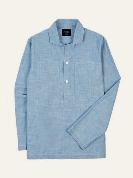 Drake's Blue Cotton Chambray Spread Collar Popover Shirt