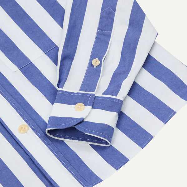 Drake's Blue and White Awning Stripe Cotton Long Point Collar Shirt