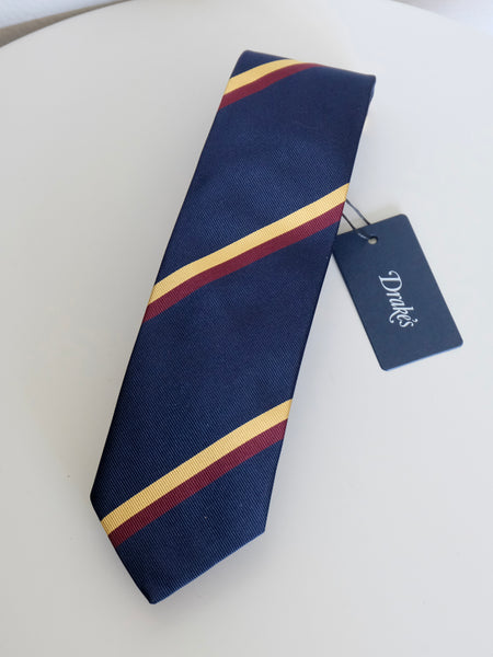 Drake's Navy, Brown and Yellow Double Stripe Repp Silk Tie