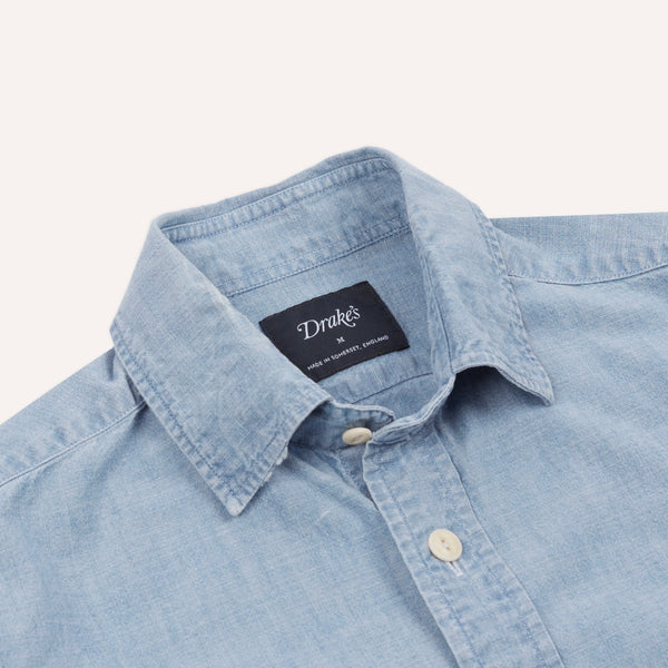 Drake's Blue Cotton Chambray Two-Pocket Work Shirt