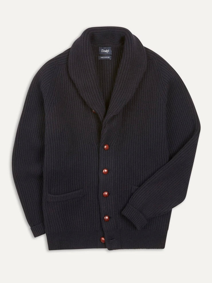 Drake's Navy Lambswool 6-Ply Shawl Collar Cardigan – Gentlemens