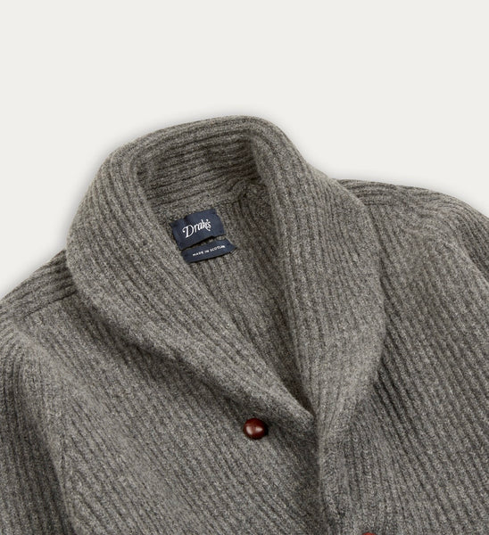 Drake's Grey Lambswool 6-Ply Shawl Collar Cardigan
