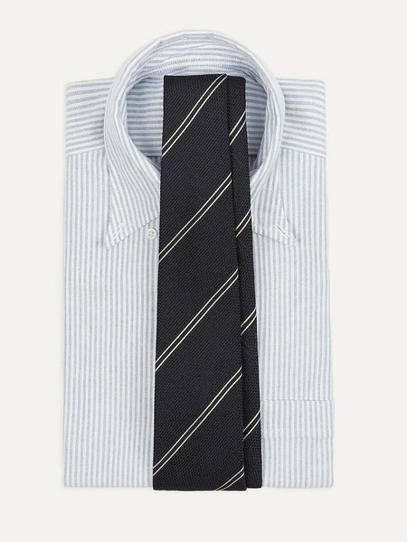 Drake's Navy and Silver Sandwich Stripe Hand Rolled Silk Grenadine Tie