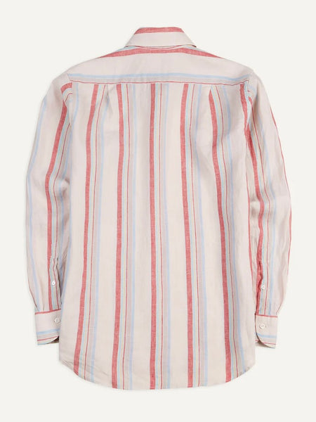 Drake's Ecru, Red and Blue Track Stripe Linen Spread Collar Shirt