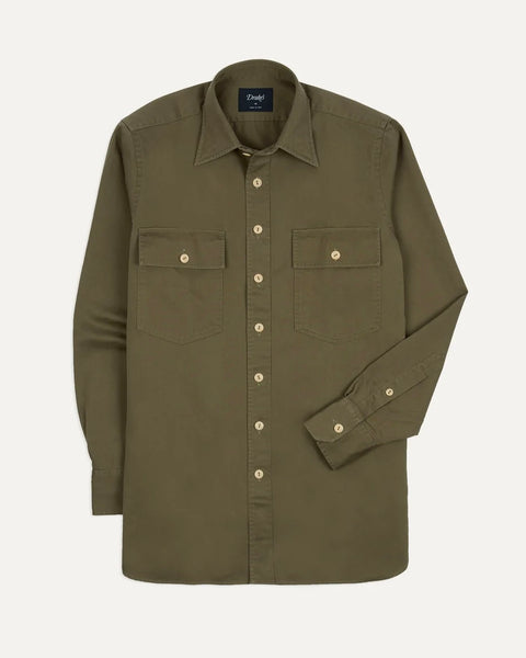 Drake's Green Cotton Long Point Collar Work Shirt