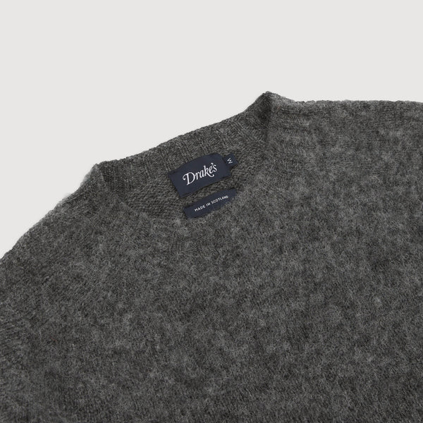 Drake's Charcoal Brushed Shetland Crew Neck Jumper