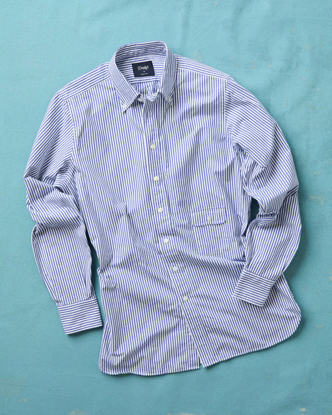 Drake's Blue and White Stripe Button-Down Collar Fob Pocket Shirt