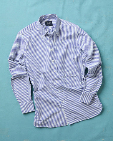 Drake's Blue and White Stripe Button-Down Collar Fob Pocket Shirt