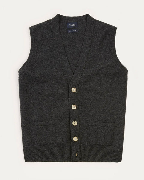 Drake's Charcoal Lambswool Sleeveless Cardigan