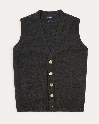 Drake's Charcoal Lambswool Sleeveless Cardigan