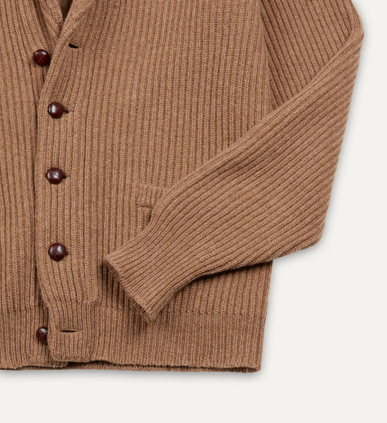Drake's Camel Lambswool 6-Ply Shawl Collar Cardigan