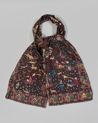Drake's Brown Mughal Hunter Print Wool-Silk Scarf