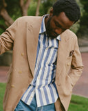 Drake's Blue and White Awning Stripe Cotton Long Point Collar Shirt