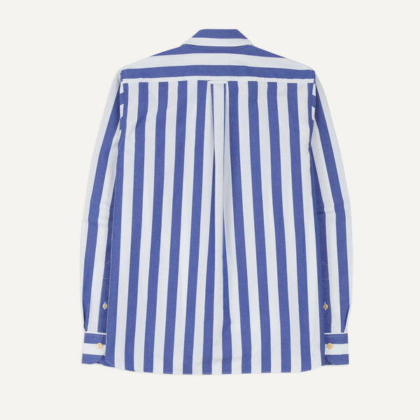 Drake's Blue and White Awning Stripe Cotton Long Point Collar Shirt
