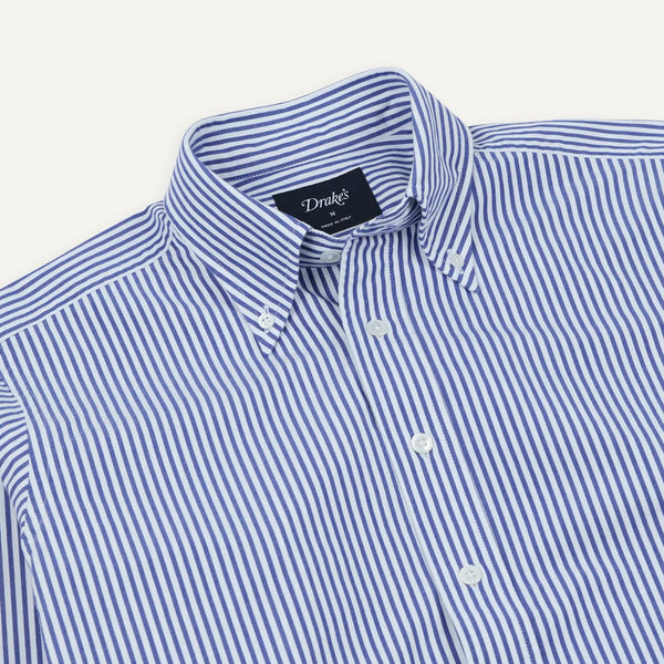 Drake's Blue and White Stripe Button-Down Collar Fob Pocket Shirt
