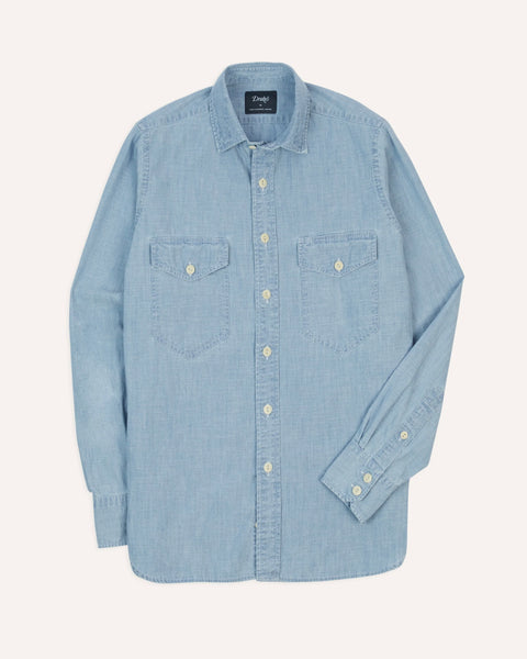 Drake's Blue Cotton Chambray Two-Pocket Work Shirt