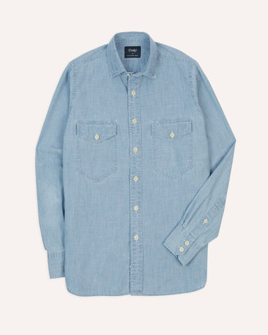 Drake's Blue Cotton Chambray Two-Pocket Work Shirt