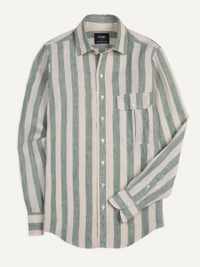 Drake's Green and White Broad Stripe Linen Spread Collar Shirt Gentlemens Footwear Drake's Green and White Broad Stripe Linen Spread Collar Shirt Gentlemens Footwear