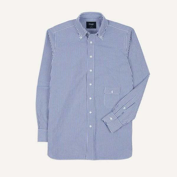 Drake's Blue and White Stripe Button-Down Collar Fob Pocket Shirt