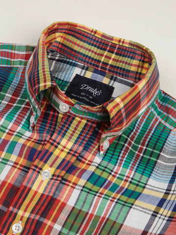 Drake's Blue and Red Madras Check Cotton Button-Down Shirt