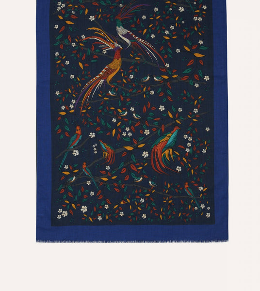 Drake's Navy Birds of Paradise Print Wool Scarf