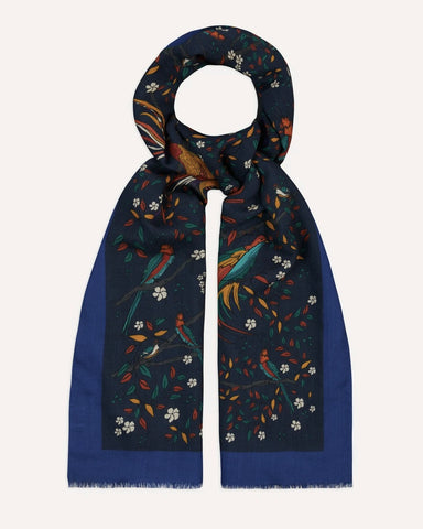 Drake's Navy Birds of Paradise Print Wool Scarf