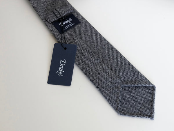 Drake's Grey Small Herringbone Wool Tie
