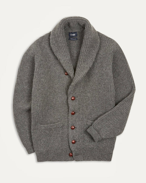 Drake's Grey Lambswool 6-Ply Shawl Collar Cardigan