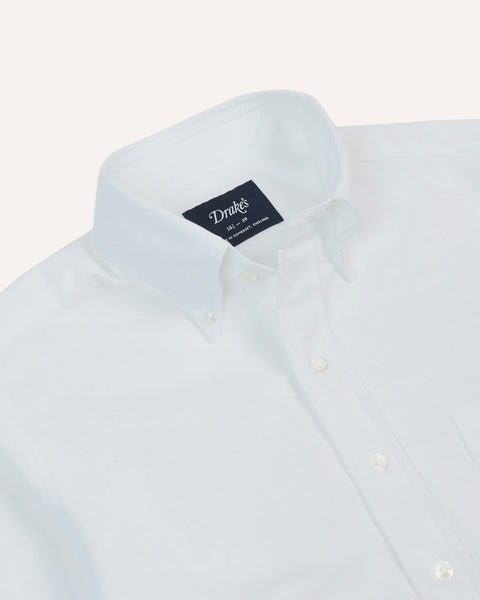Drake's White Cotton Oxford Cloth Button-Down Shirt