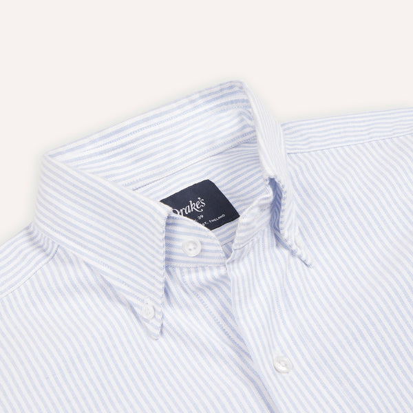 Drake's Light Blue Ticking Stripe Cotton Oxford Cloth Button-Down Shirt