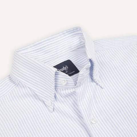 Drake's Light Blue Ticking Stripe Cotton Oxford Cloth Button-Down Shirt