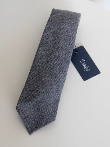 Drake's Grey Small Herringbone Wool Tie