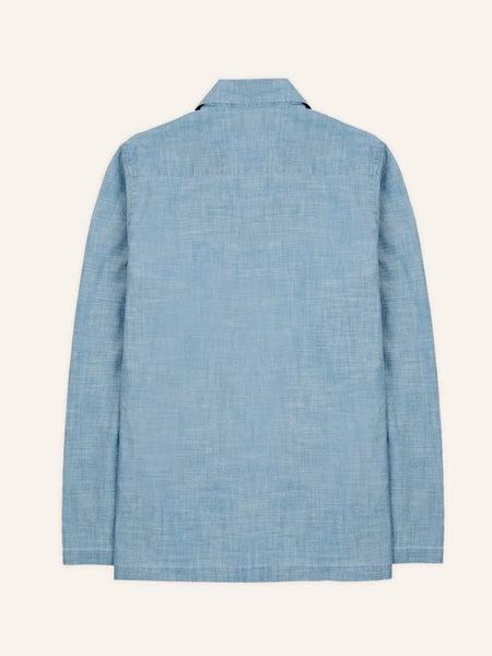 Drake's Blue Cotton Chambray Spread Collar Popover Shirt